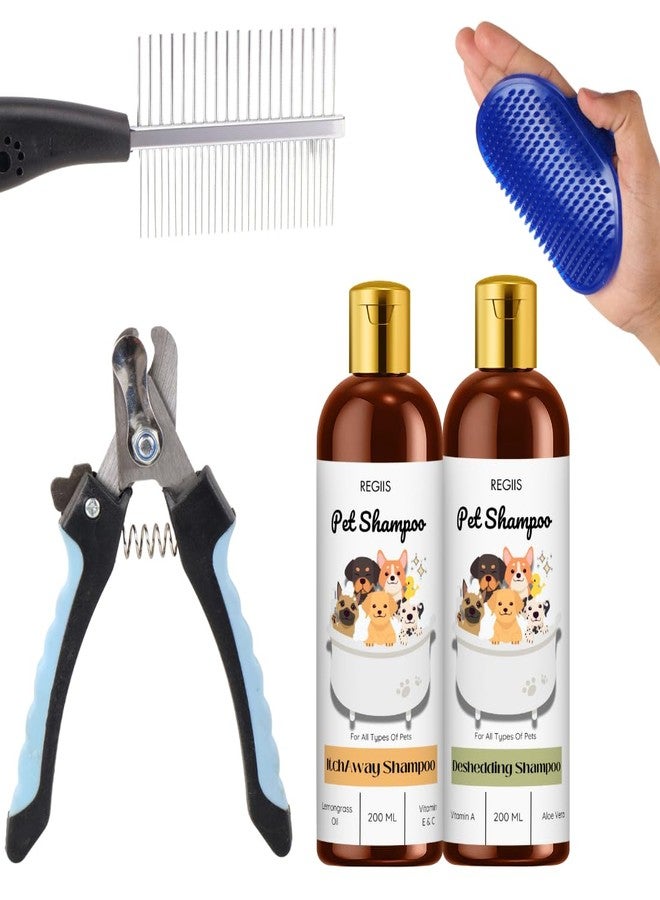 مجموعة العناية بالحيوانات الأليفة، مجموعة شامبو للكلاب مع فرشاة لإزالة الشعر الزائد، مقص أظافر، مشط معدني، علاج للحكة/الجفاف الجلدي، زجاجات سعة 200 مل (عبوة من 5 زجاجات) - Image 1